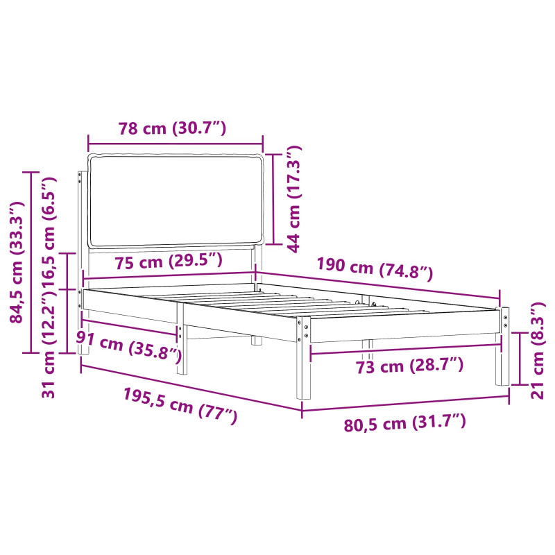 Ramka łóżka z tapicerowanym wezgłowiem Czarny 75 x 190 cm