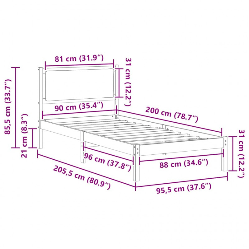 Ramka łóżka Jasnoszary 90 x 200 cm Lite drewno sosnowe