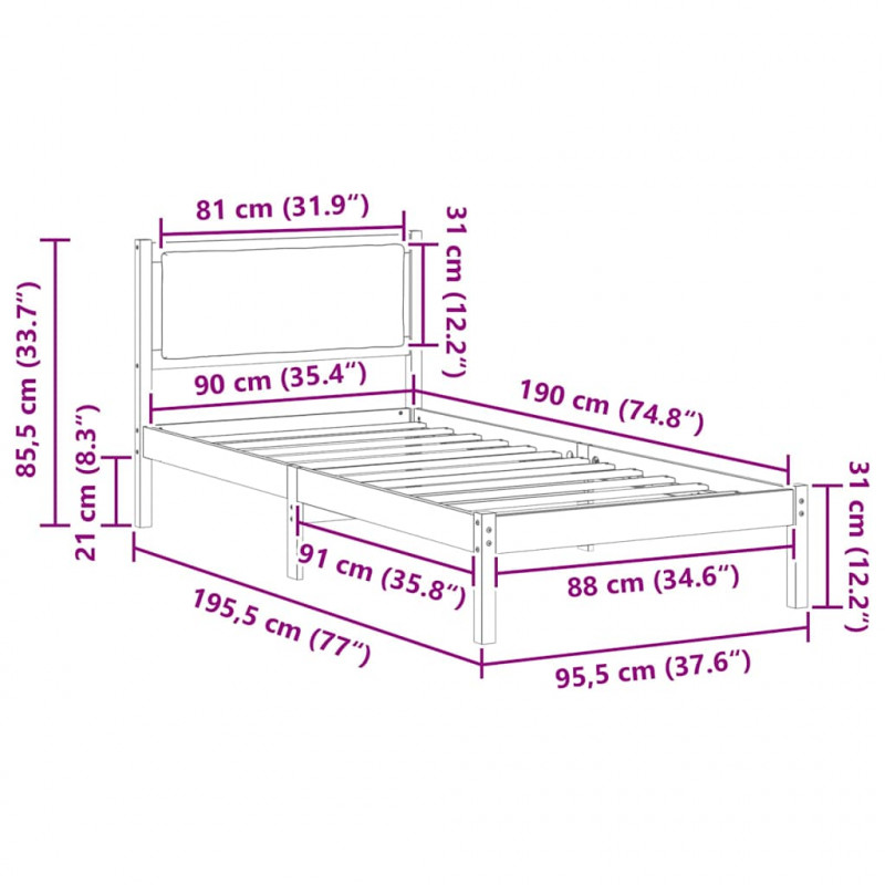 Ramka łóżka Ciemnoszary 90 x 190 cm Lite drewno sosnowe
