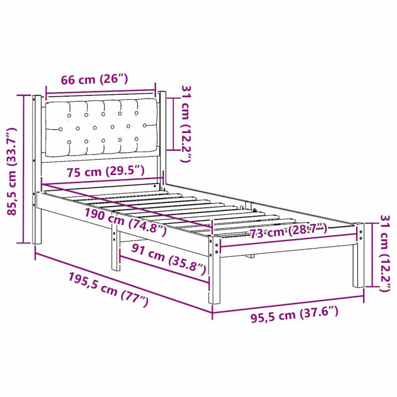 Ramka łóżka Ciemnoszary 75 x 190 cm Lite drewno sosnowe