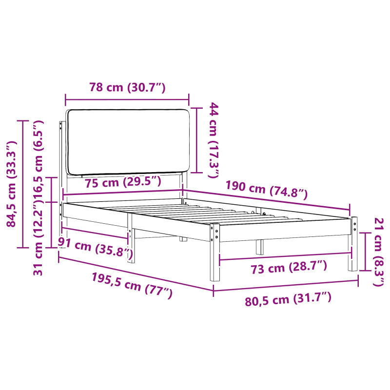 Ramka łóżka z tapicerowanym wezgłowiem Czarny 75 x 190 cm