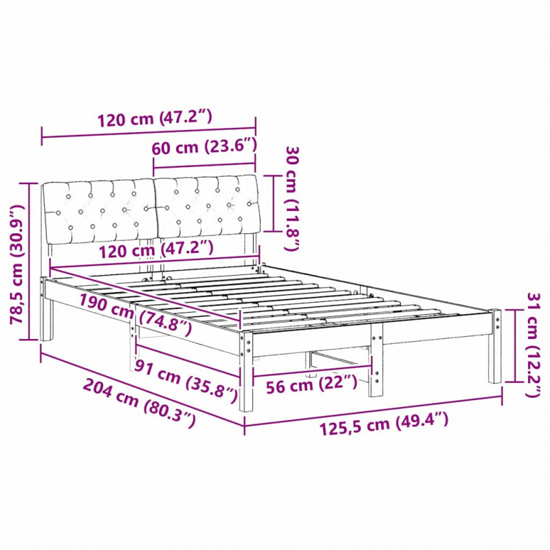 Rama łóżka Brązowy i taupe 120 x 190 cm Lite drewno sosnowe