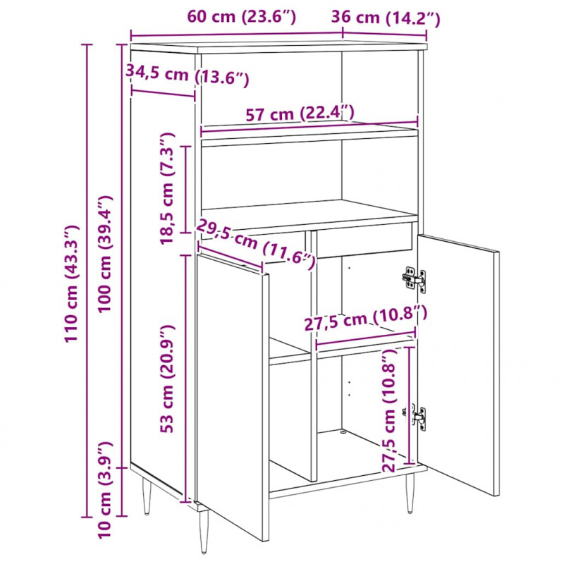 Highboard Czarny 60 x 36 x 110 cm Materiał drewnopochodny