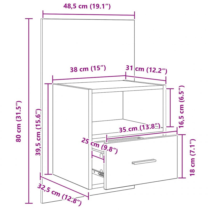 Szafka Nocna z szufladą 2 pcs Czarny Dąb 50 x 32,5 x 80cm