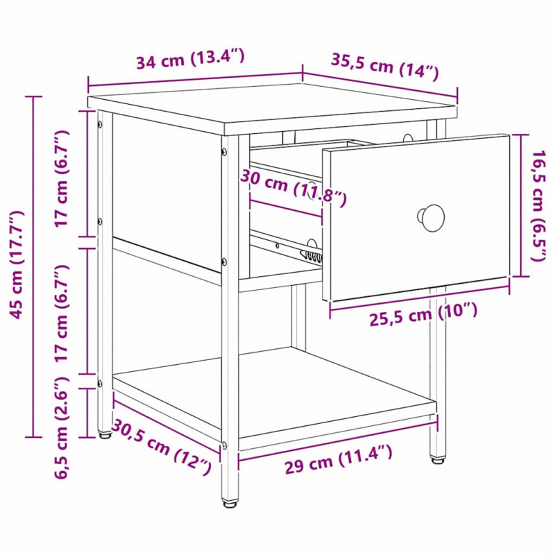 Stolik nocny z szufladą 2 pcs Czarny Dąb 34 x 35,5 x 45 cm