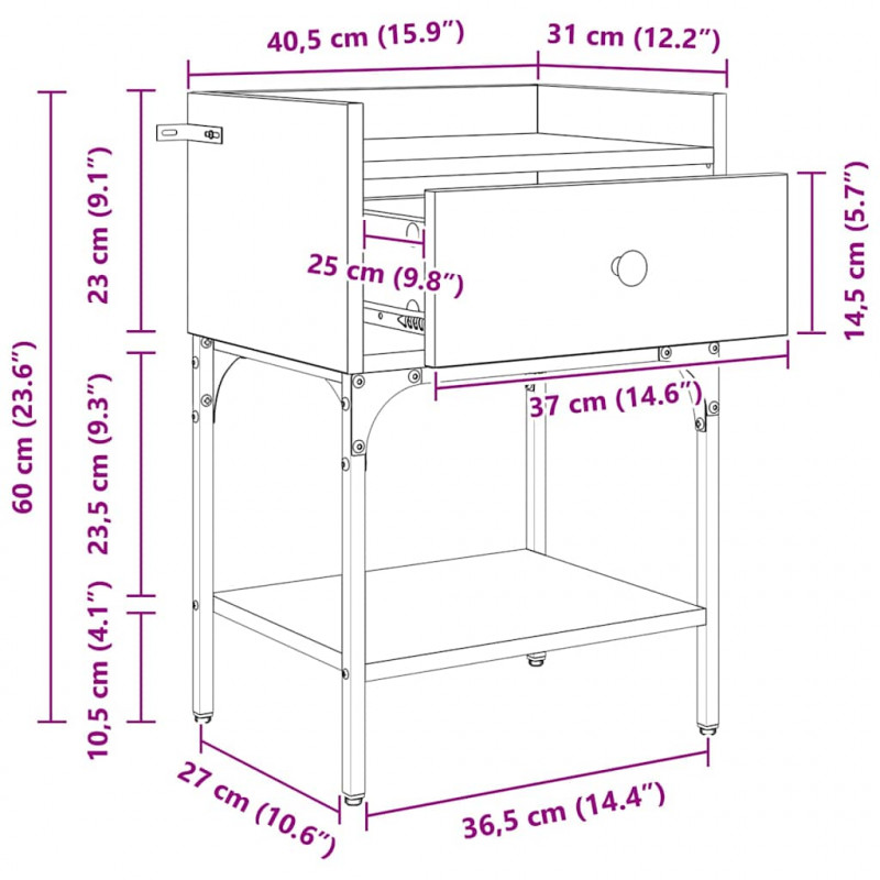 Stolik nocny z szufladą 2 pcs Dąb rzemieślniczy 40 x 29 x 60 cm