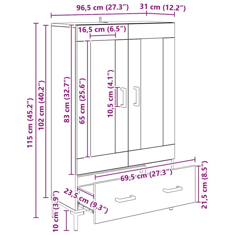Highboard Czarny Dąb 69,5 x 31 x 115 cm Materiał drewnopochodny