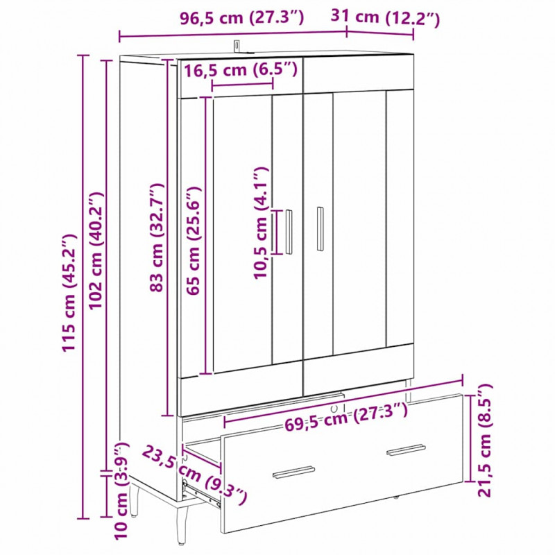 Highboard Czarny Dąb 69,5 x 31 x 115 cm Materiał drewnopochodny