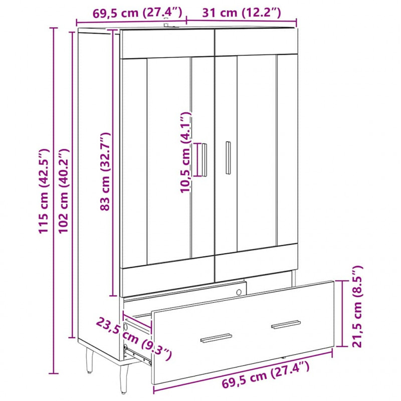 Highboard Czarny Dąb 69,5 x 31 x 115 cm Materiał drewnopochodny