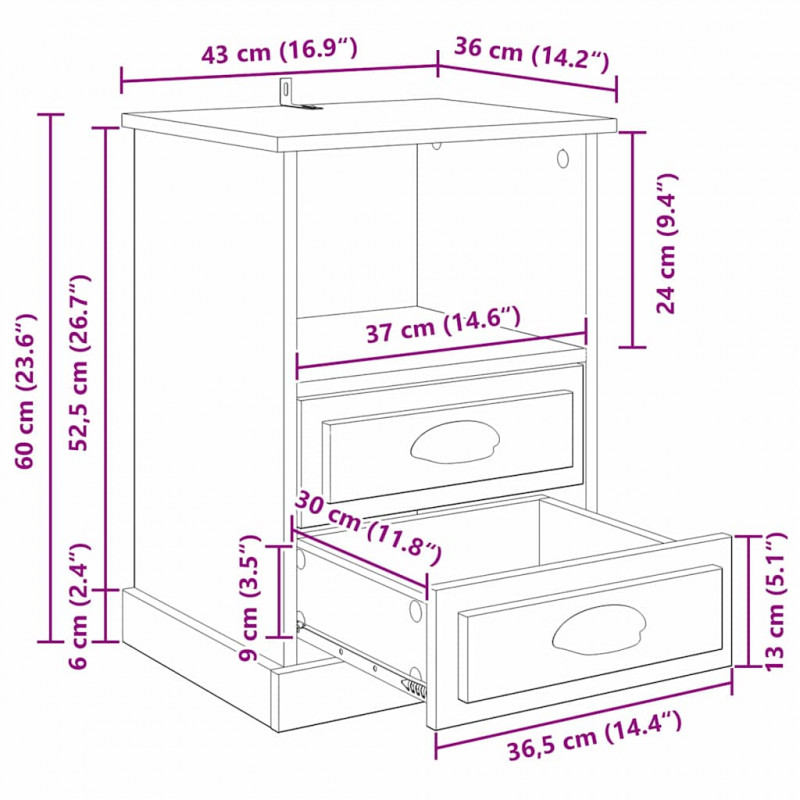 Szafka Nocna z szufladą 2 pcs Czarny Dąb 36 x 43 x 60 cm