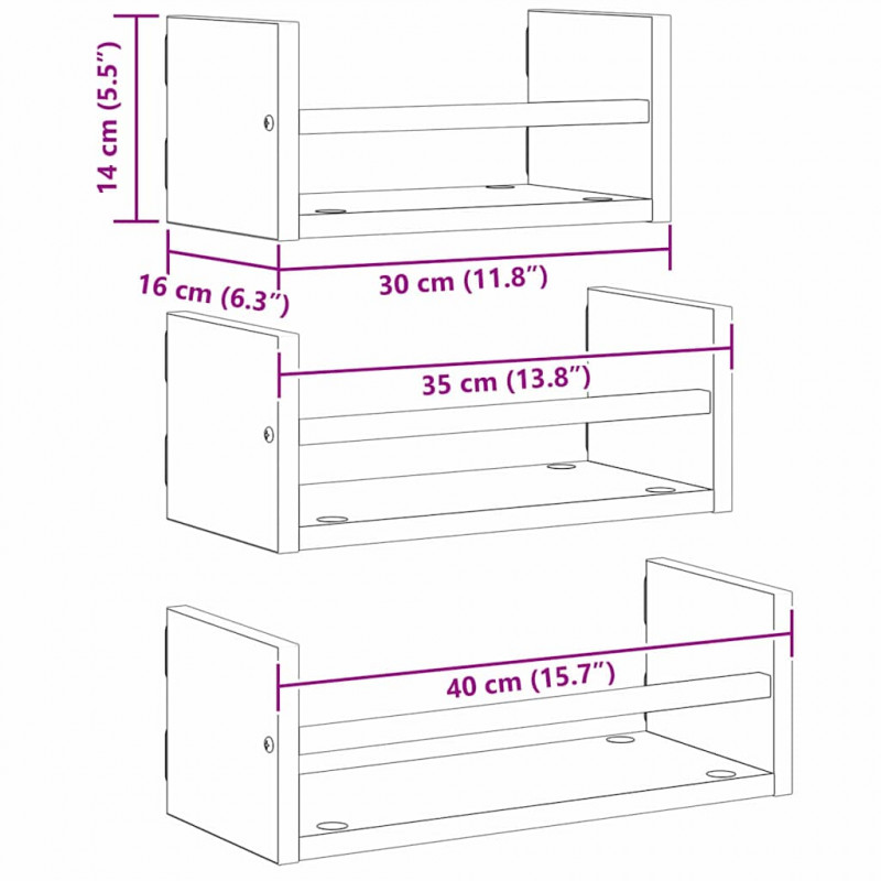 Zestaw półek ściennych 3 pcs Dąb rzemieślniczy 40x16x14cm