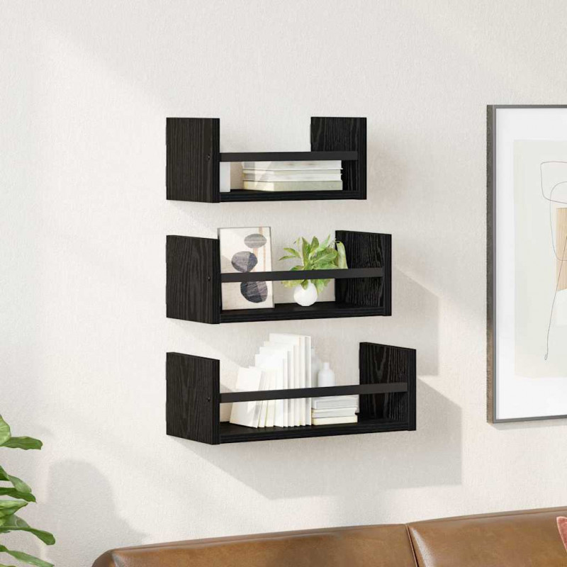 Zestaw półek ściennych z półką 3 pcs Czarny Dąb 40x16x14cm