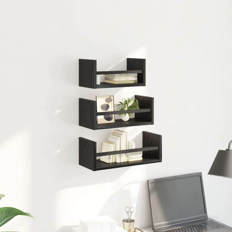 Zestaw półek ściennych z półką 3 pcs Czarny Dąb 40x16x14cm