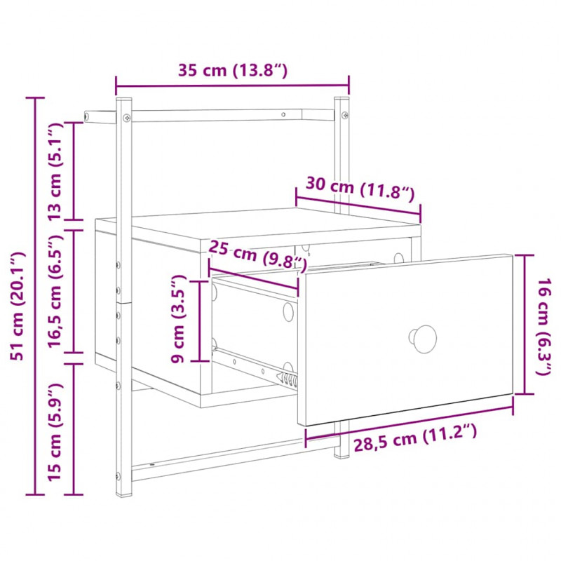 Szafka Nocna z szufladą 2 pcs Czarny Dąb 35 x 30 x 51 cm
