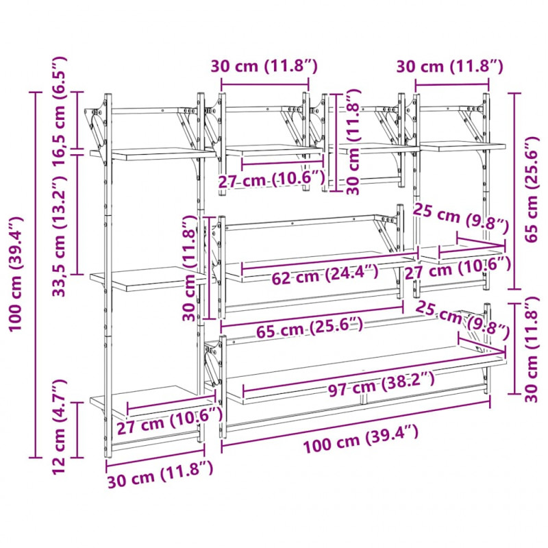 Zestaw półek ściennych 6 pcs Stare drewno 100 x 25 x 30 cm