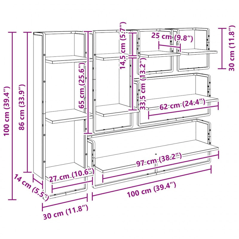Zestaw półek ściennych 6 pcs Czarny Dąb 100 x 25 x 30 cm