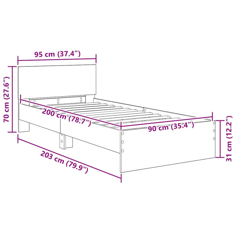 Ramka łóżka Ze LED Lights Dąb rzemieślniczy 90 x 200 cm