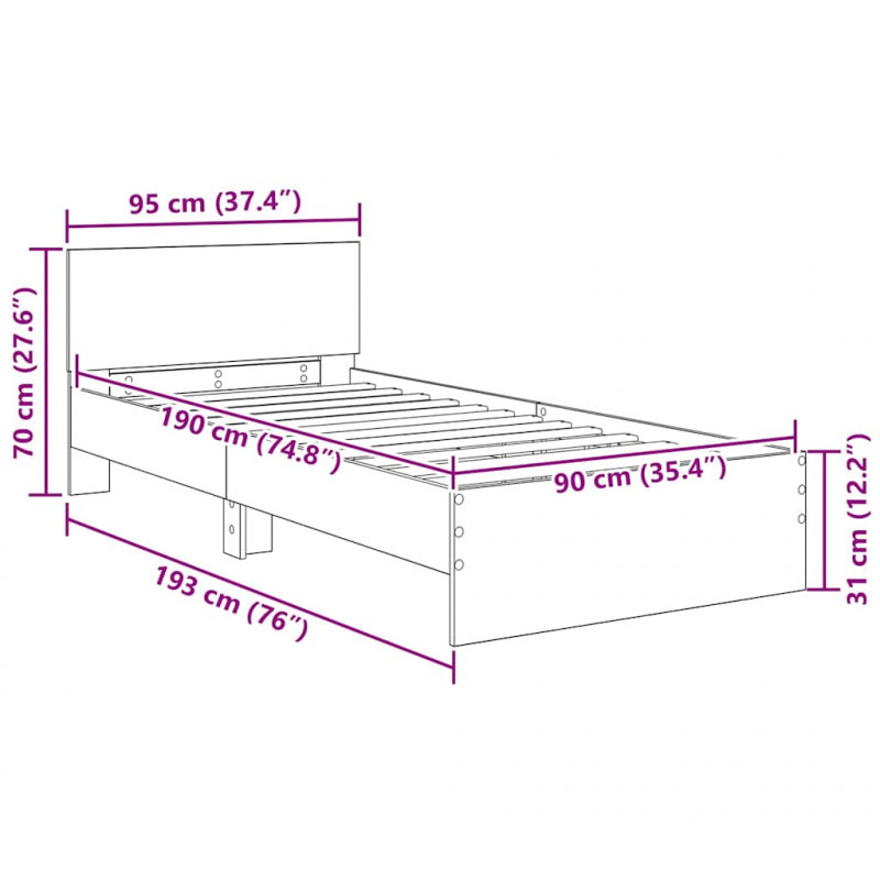 Ramka łóżka Czarny Dąb 90 x 190 cm Materiał drewnopochodny
