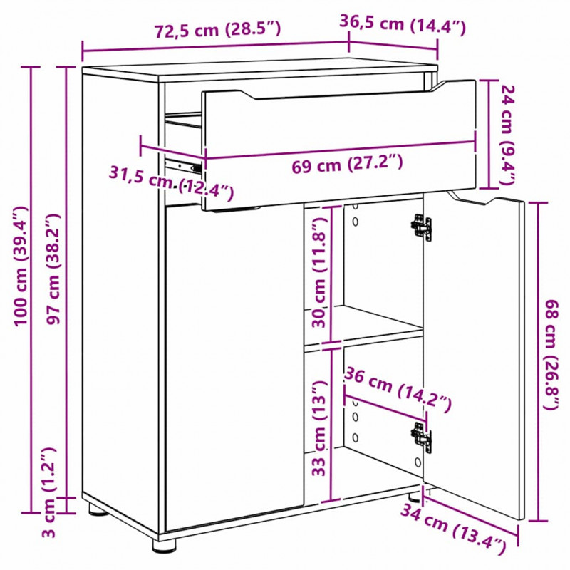 Szafka Łazienkowa Wysoki połysk biały 72,5 x 36,5 x 100 cm