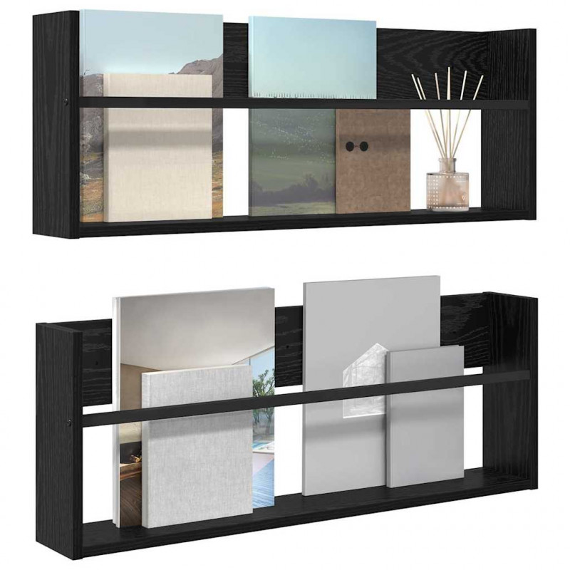 Regał na gazety z półką 2 pcs Czarny Dąb 80 x 12 x 30 cm