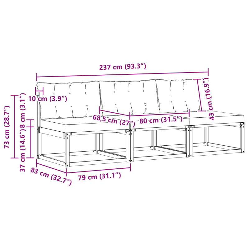 3 Sztuka Środkowa sofa ogrodowa Lite Drewno Akacji Naturalny