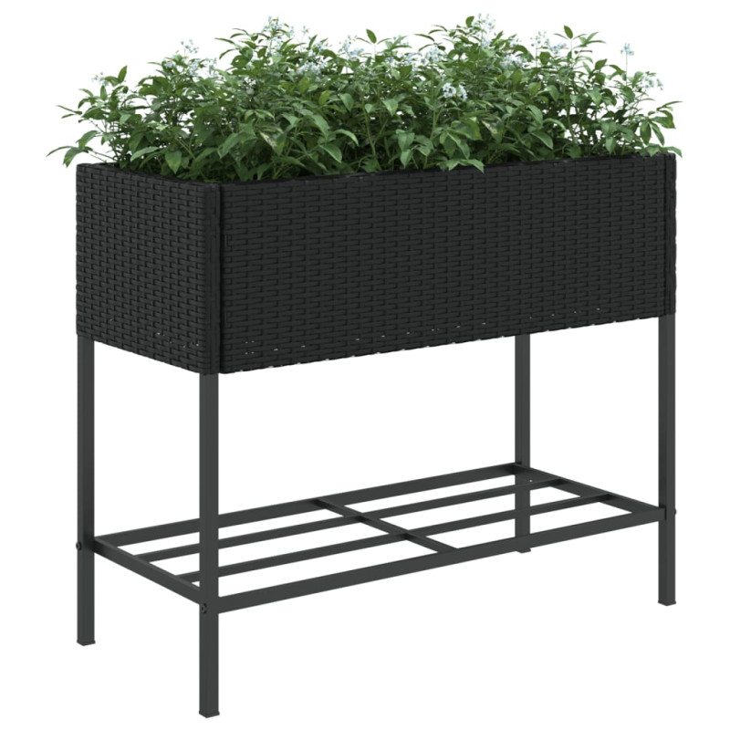 Donice ogrodowe z półką, 2 szt, czarne, 90x40x75 cm, polirattan