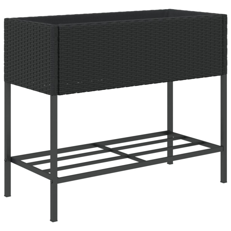 Donice ogrodowe z półką, 2 szt, czarne, 90x40x75 cm, polirattan