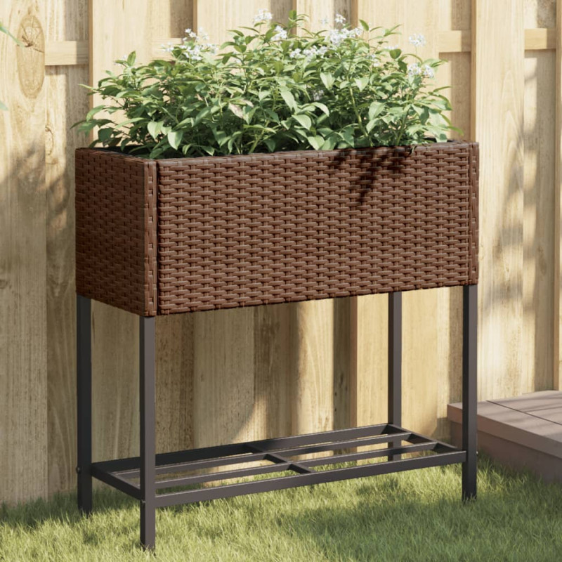 Donice ogrodowe z półką, 2 szt., brąz, 70x28x70 cm, polirattan