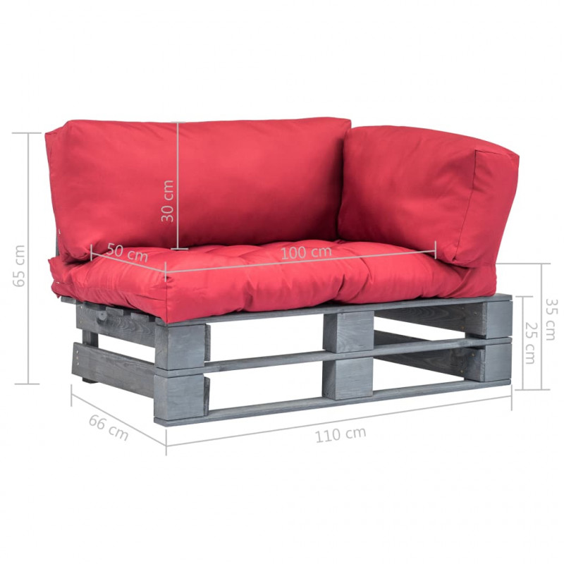 Ogrodowa sofa z palet, z czerwonymi poduszkami, sosna