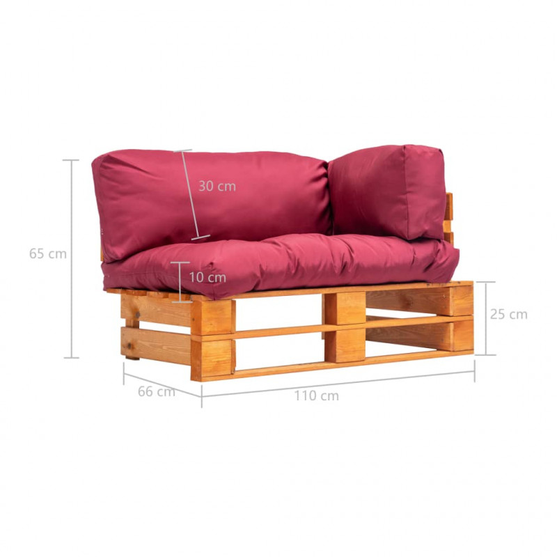 Sofa ogrodowa z palet z czerwonymi poduszkami, sosna