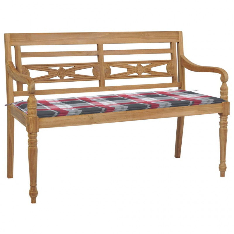 Ławka Batavia z poduszką w czerwoną kratę, 120 cm, lity tek