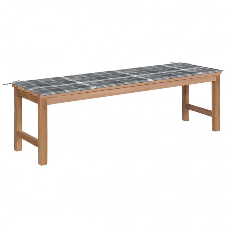 Ławka ogrodowa z poduszką w szarą kratę, 150 cm, drewno tekowe