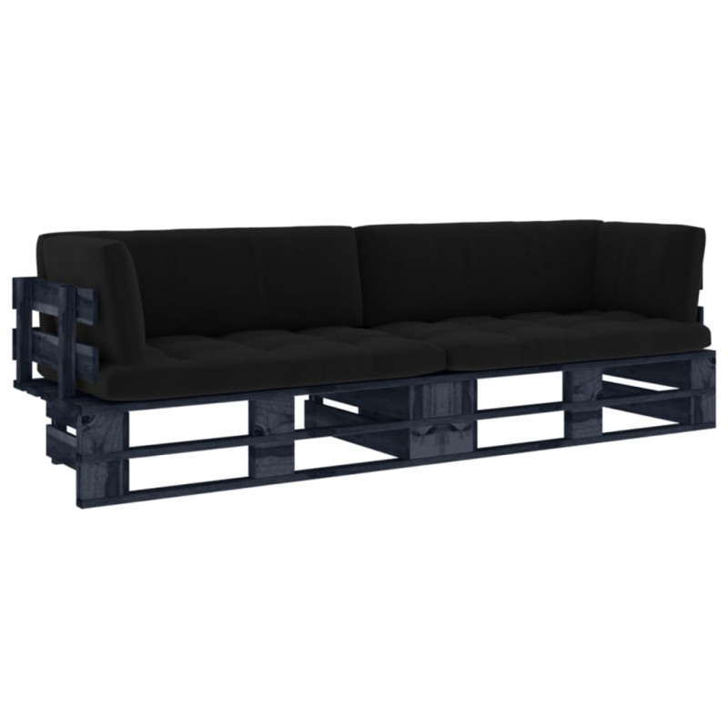 Sofa 2-osobowa z palet, z poduszkami, czarna, drewno sosnowe