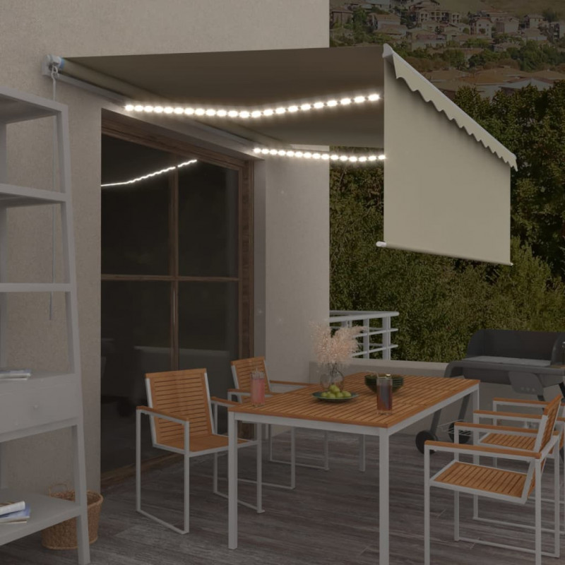 Ręcznie zwijana markiza z zasłoną i LED, 4,5x3 m, kremowa