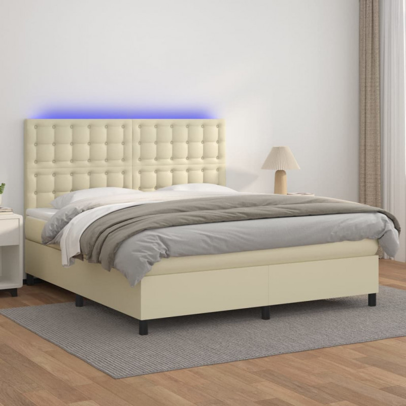 Łóżko kontynentalne z LED, materac, kremowe, ekoskóra 160x200cm