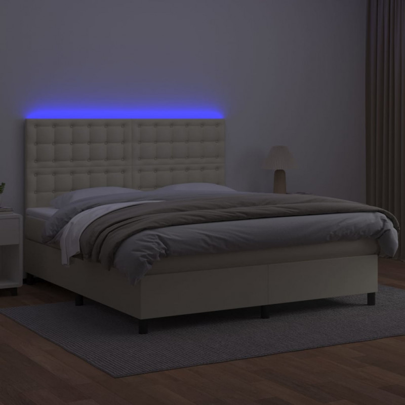 Łóżko kontynentalne z LED, materac, kremowe, ekoskóra 160x200cm