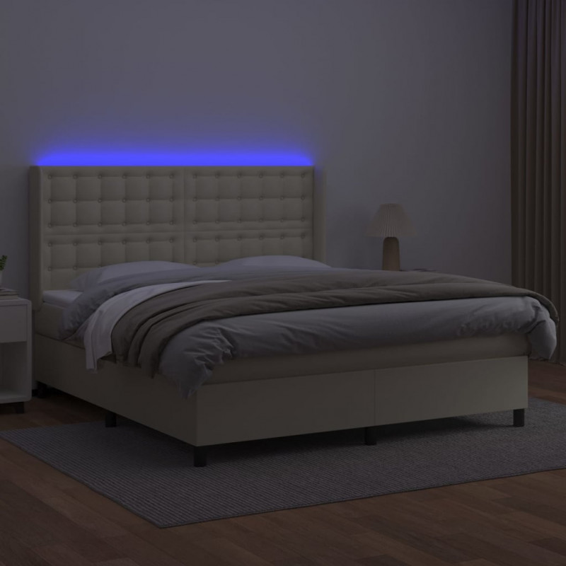 Łóżko kontynentalne z LED, materac, kremowe, ekoskóra 160x200cm