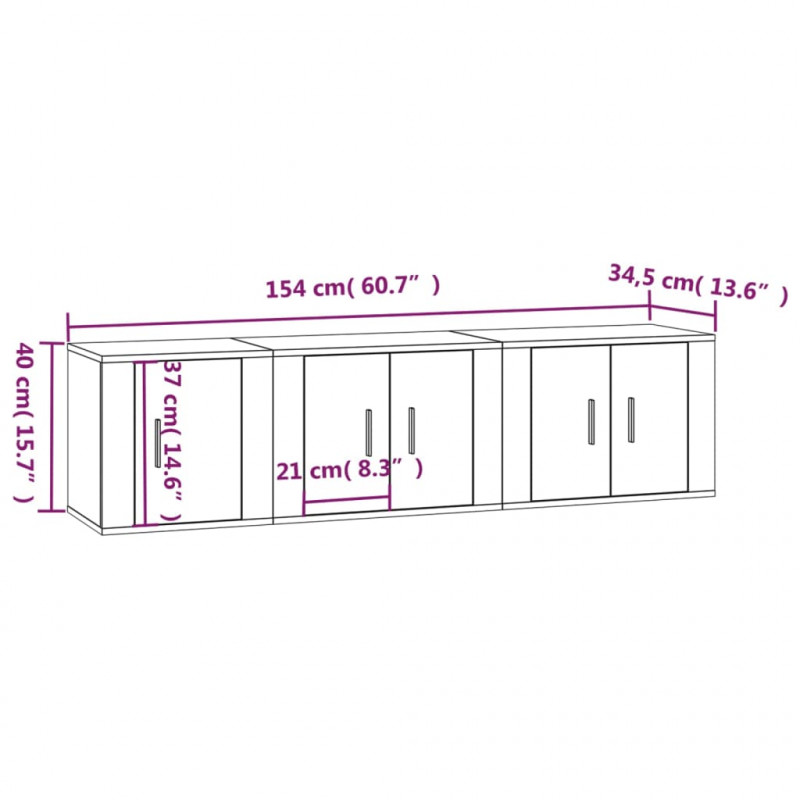Zestaw 3 szafek TV, szary dąb sonoma, materiał drewnopochodny