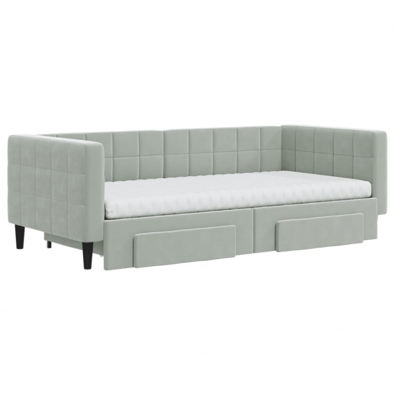 Sofa rozsuwana z szufladami, jasnoszara, 90x190 cm, aksamit
