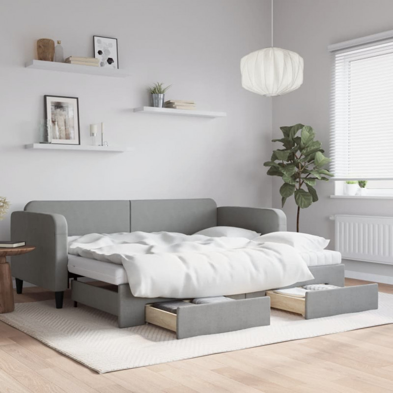 Sofa rozsuwana z szufladami, jasnoszara, 90x190 cm, tkanina