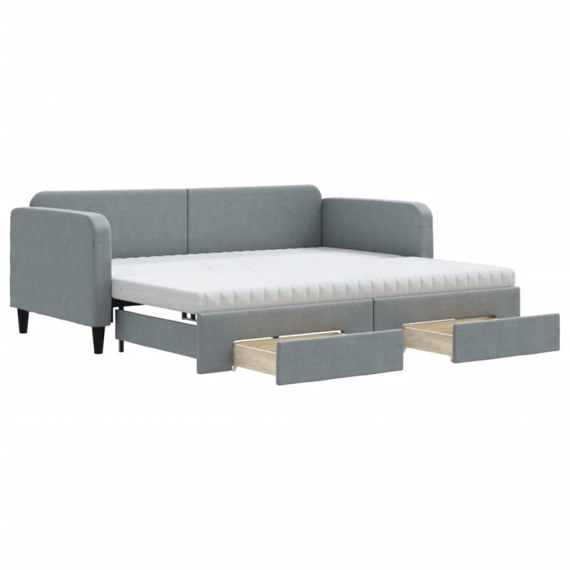 Sofa rozsuwana z szufladami, jasnoszara, 90x190 cm, tkanina