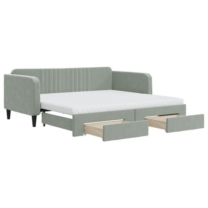 Sofa rozsuwana z szufladami, jasnoszara, 90x190 cm, aksamit
