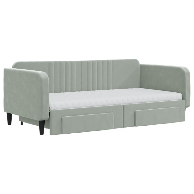 Sofa rozsuwana z szufladami, jasnoszara, 90x190 cm, aksamit