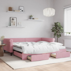 Sofa rozsuwana z szufladami, różowa, 100x200 cm, aksamit
