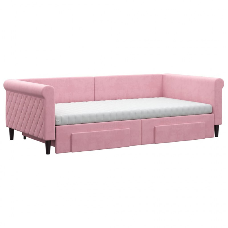 Sofa rozsuwana z szufladami, różowa, 100x200 cm, aksamit