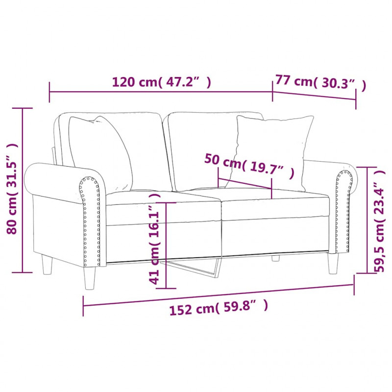 2-osobowa sofa z poduszkami, brązowa, 120 cm, aksamit