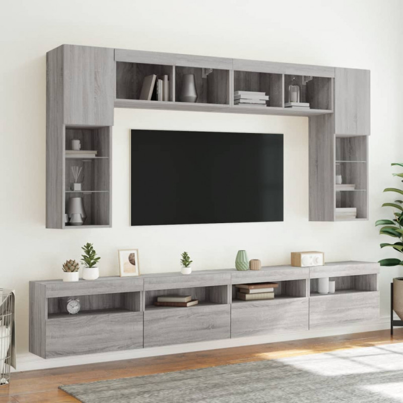 8-cz. zestaw ściennych szafek TV z LED, szary dąb sonoma