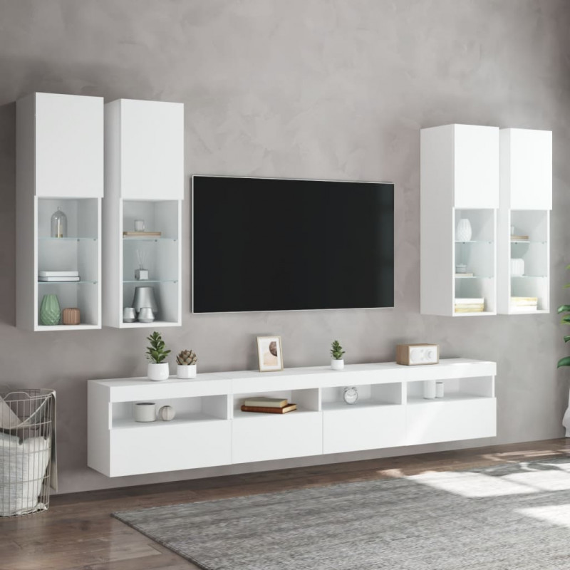 7-cz. zestaw ściennych szafek TV z oświetleniem LED, biały