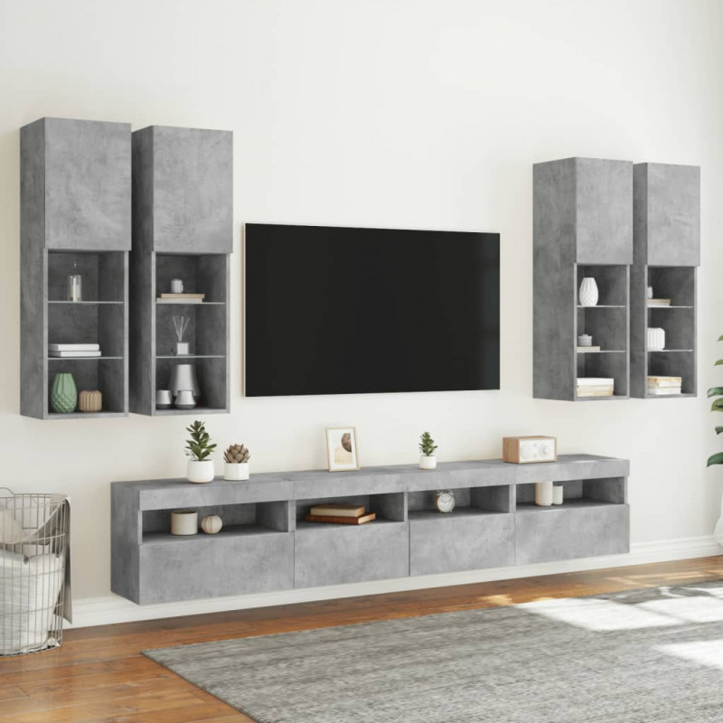 7-cz. zestaw ściennych szafek TV z LED, szarość betonu