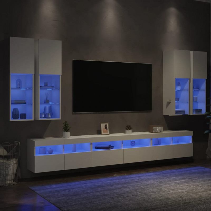7-cz. zestaw ściennych szafek TV z oświetleniem LED, biały